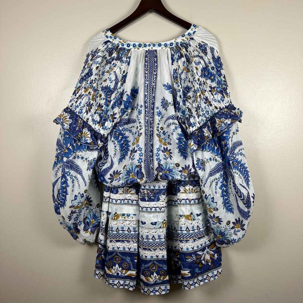 Farm Rio Women's L Two Piece Set Blue White Tropical Floral Top Skirt Vacation - Picture 2 of 16